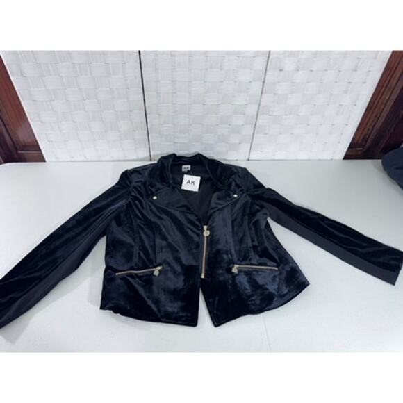 "ANNE KLEIN" Black, Velvet, Biker Jacket ,Lg Gold Hardware ,Zipper Pockets Sz XL - Picture 4 of 12